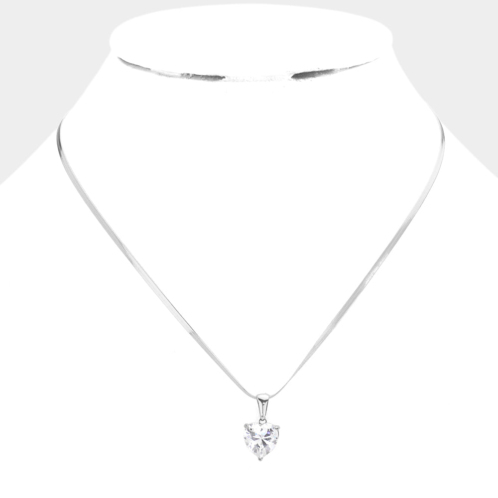 Stainless Steel CZ Heart Pendant Necklace