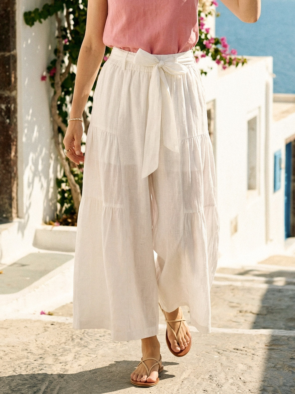 100% Linen Bow-Waist Tiered Pants TARYN