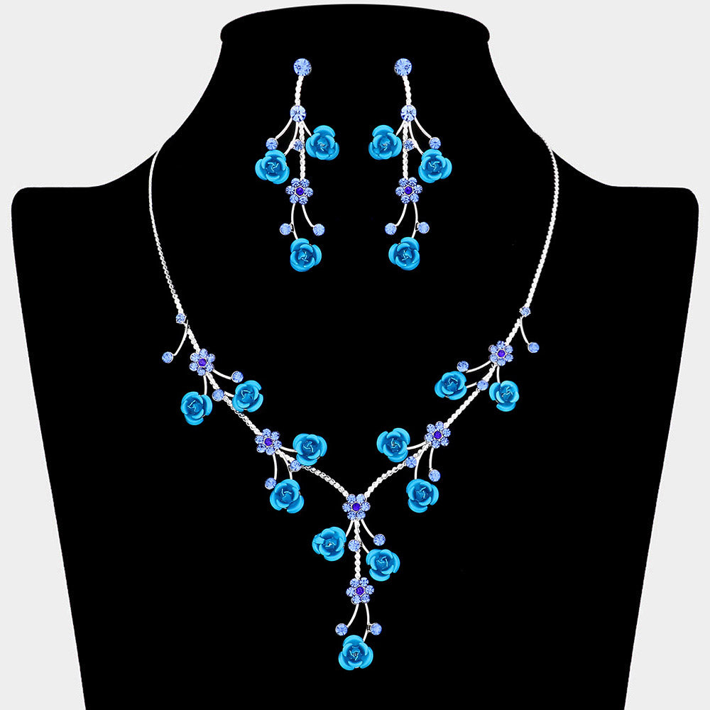 Rhinestone Embellished Rose Flower Cluster Vine Necklace