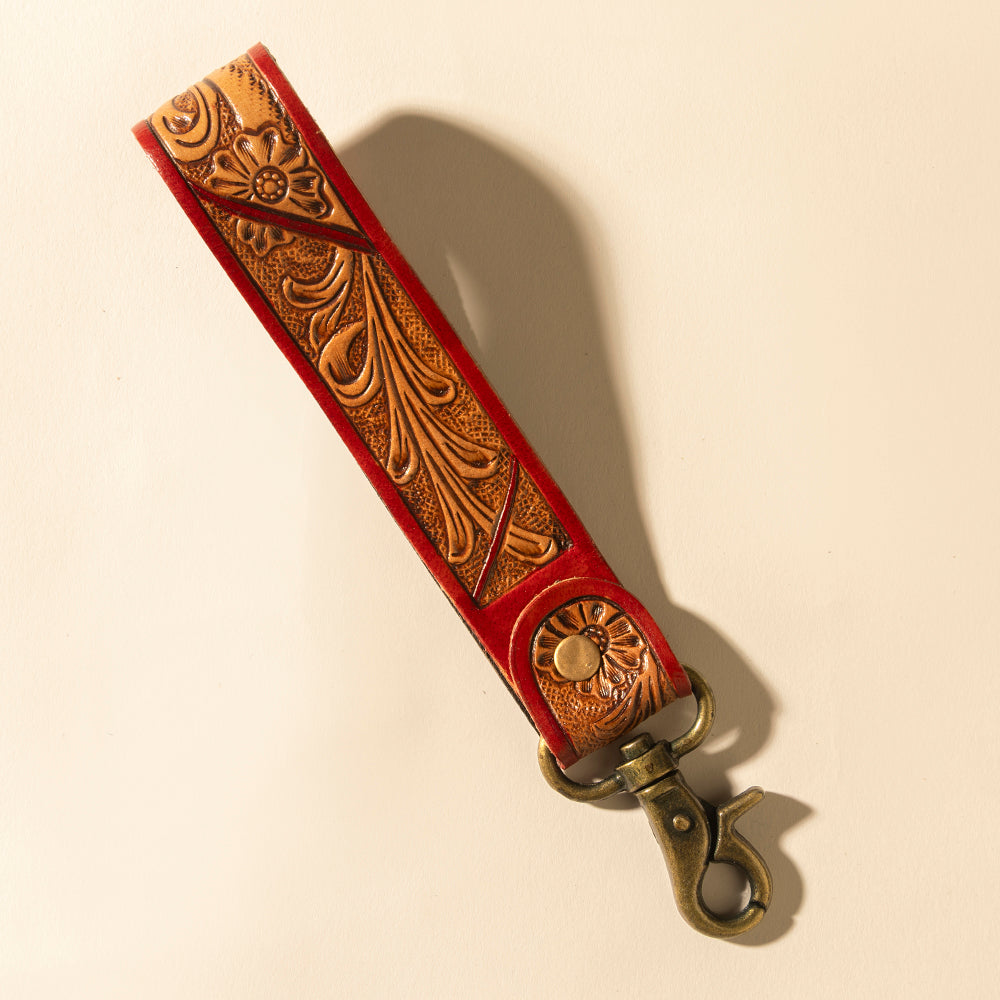 Myra Canyon Pass Handtooled Leather Key Fob in Terracotta Saddle