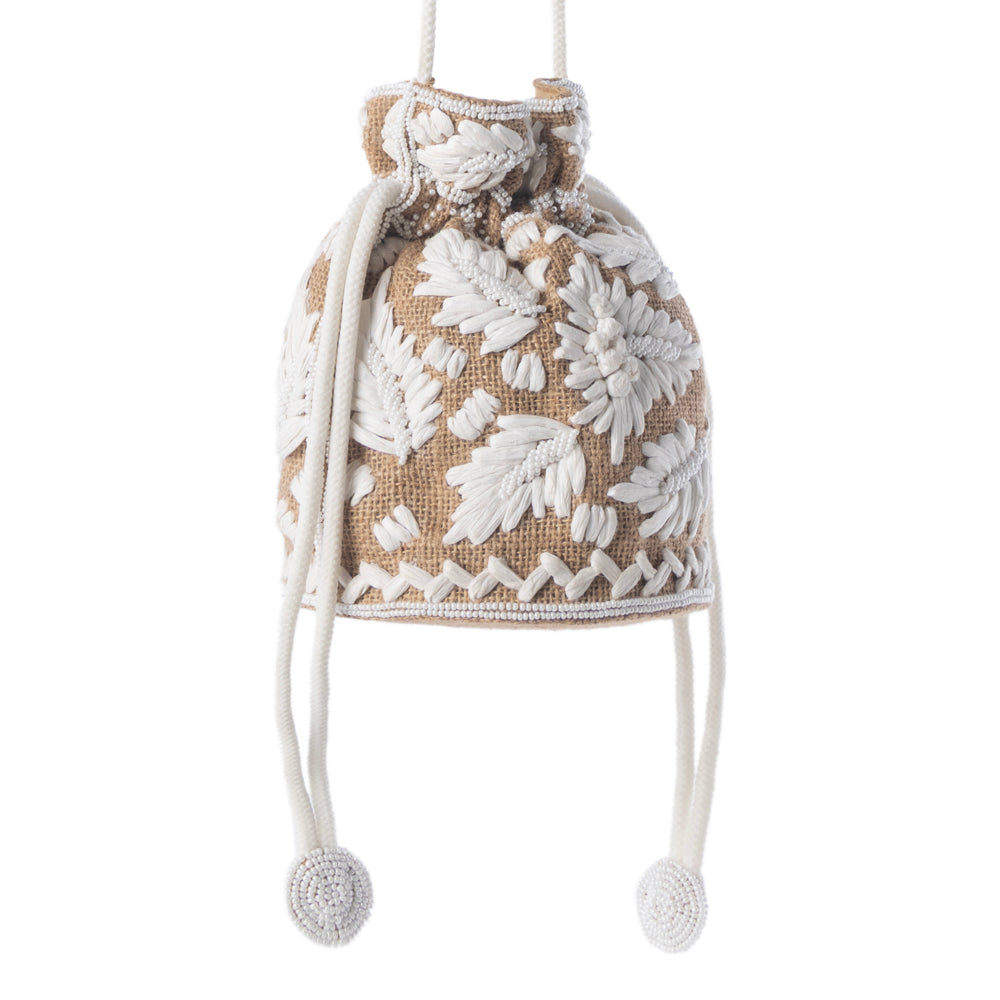 Myra Honey Vine Western Bucket Bag for Women in Jute with embroidered detail