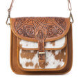 Myra Cedar Range Handtooled Hairon Buckle Leather Bag in Chestnut Ivory