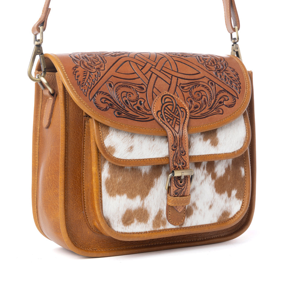 Myra Cedar Range Handtooled Hairon Buckle Leather Bag in Chestnut Ivory