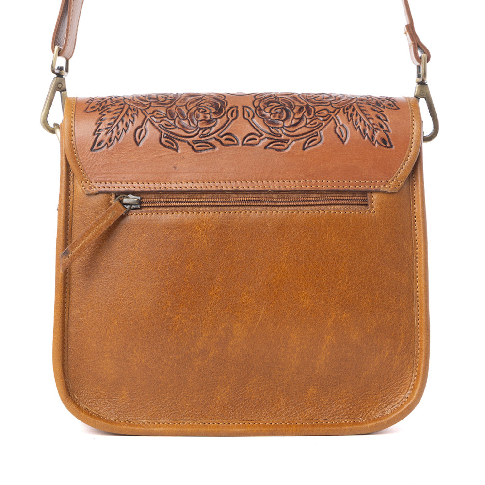 Myra Cedar Range Handtooled Hairon Buckle Leather Bag in Chestnut Ivory