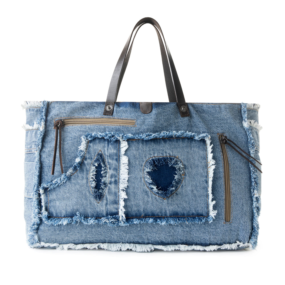 Myra Frayed Frontier Western denim Tote Bag for Women in denim blue with fringe detail