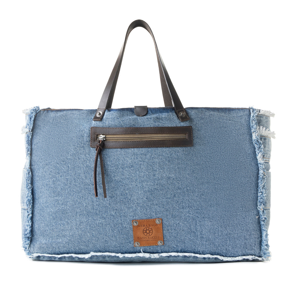 Myra Frayed Frontier Western denim Tote Bag for Women in denim blue with fringe detail