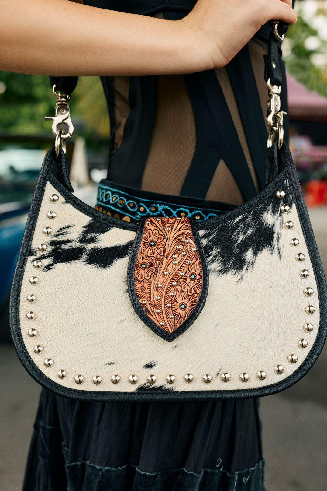 Myra Santa Fe Handtooled Bag for Women in Black with hairon and studded detail