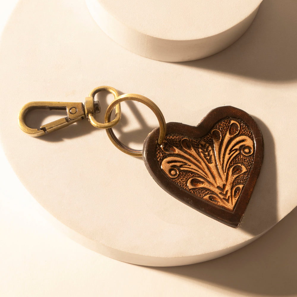 Myra Carved Heart Western Key Fob in dark brown with handtooled detail