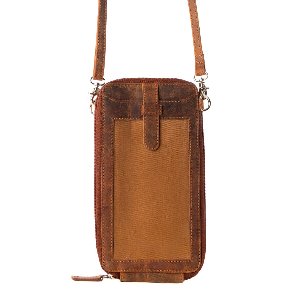 Myra Wildtouch Western Phone Crossbody in tan with leather detail