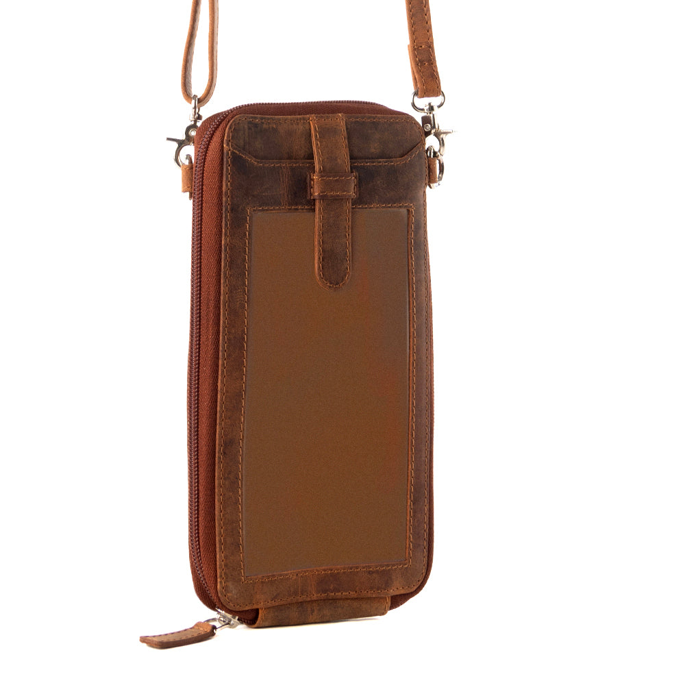 Myra Wildtouch Western Phone Crossbody in tan with leather detail