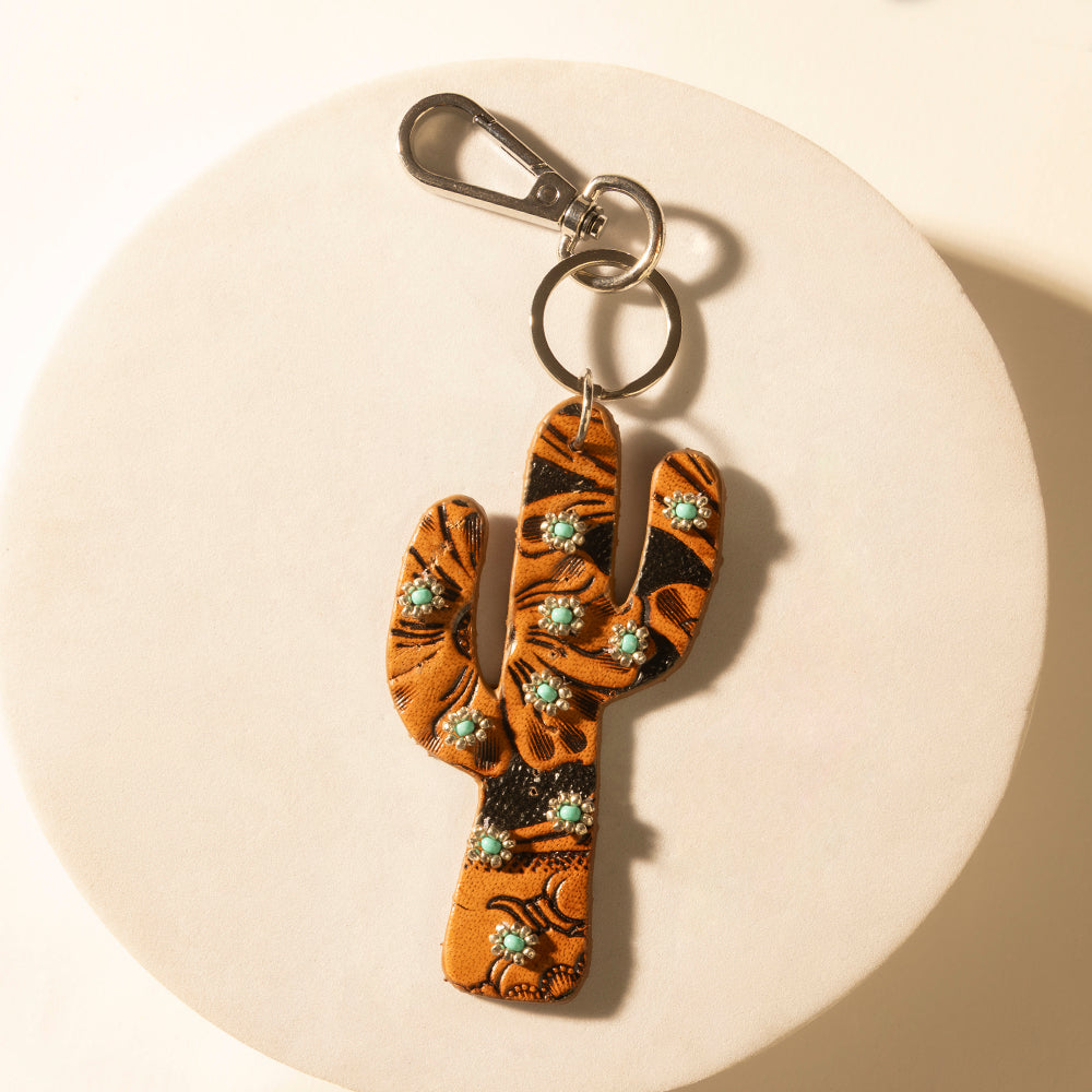 Myra Cactus Prairie Handtooled Leather Key Fob in Canyon Teal