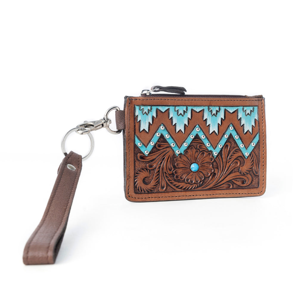 Myra Hand Hewn Western Card Holder for Women in Brown & Turquoise with handtooled detail