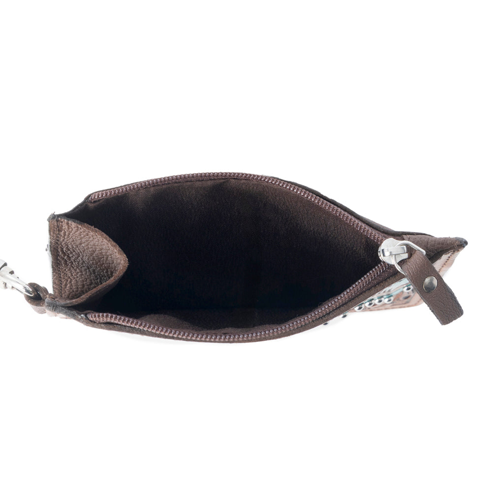 Myra Hand Hewn Western Card Holder for Women in Brown & Turquoise with handtooled detail