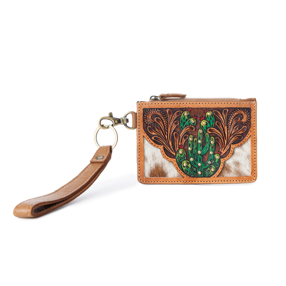 Myra Hand Hewn Western Card Holder for Women in Light Brown with handtooled Cactus detail