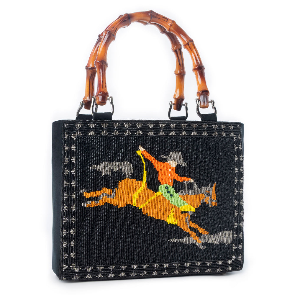 Myra Eight Seconds Western hand beaded bag in black with bamboo handle and horse embroidery