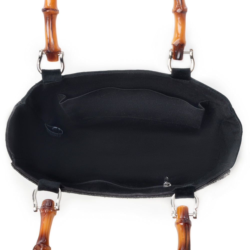 Myra Eight Seconds Western hand beaded bag in black with bamboo handle and horse embroidery