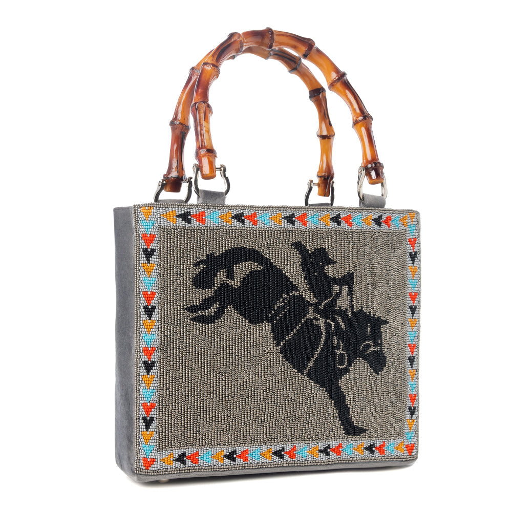 Myra Free Rein Western hand beaded Bag in grey with bamboo handle and horse embroidery