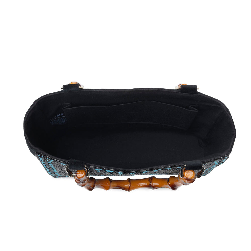 Myra Hat Tipper Western hand beaded Bag in blue with bamboo handle and hat embroidery