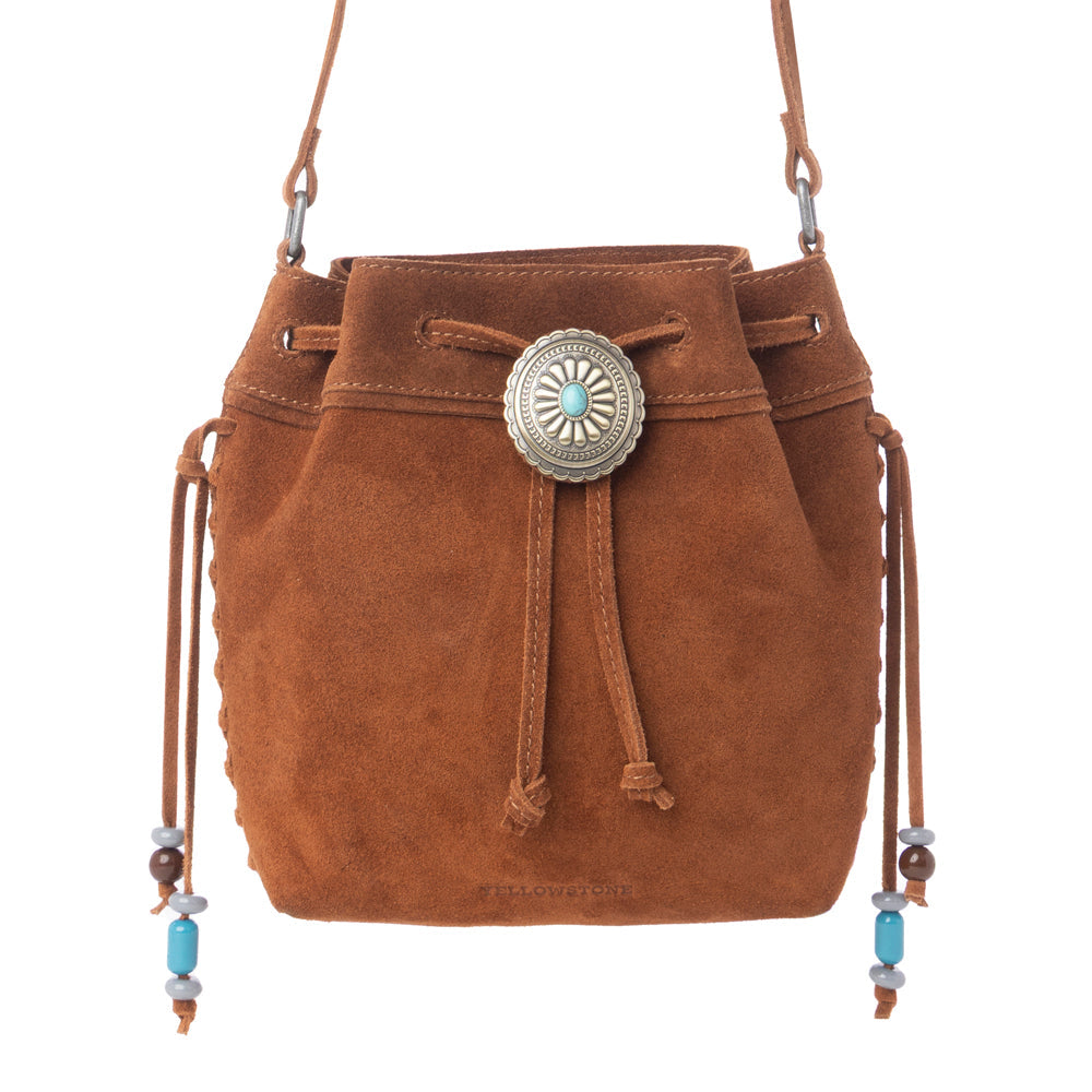 Myra Yellowstone Sundown Ember Suede Leather Bucket Bag in Maple Brown