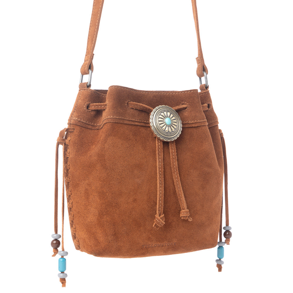 Myra Yellowstone Sundown Ember Suede Leather Bucket Bag in Maple Brown