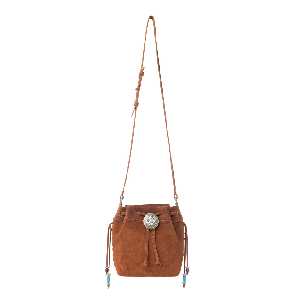 Myra Yellowstone Sundown Ember Suede Leather Bucket Bag in Maple Brown