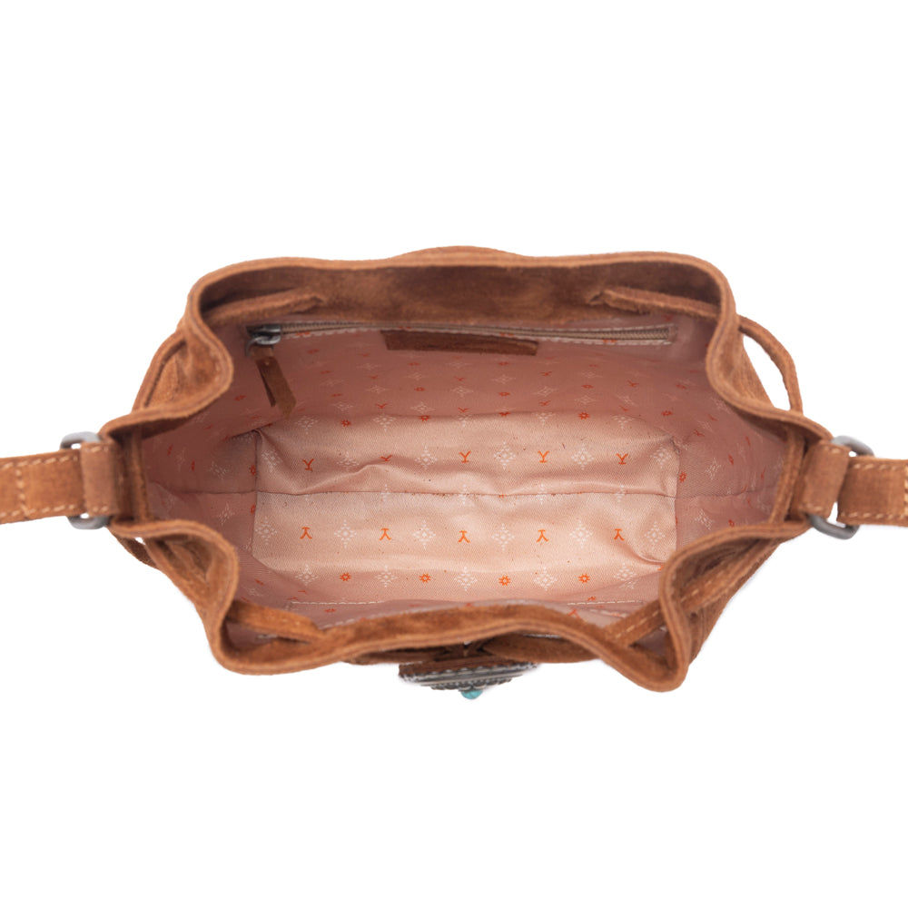 Myra Yellowstone Sundown Ember Suede Leather Bucket Bag in Maple Brown