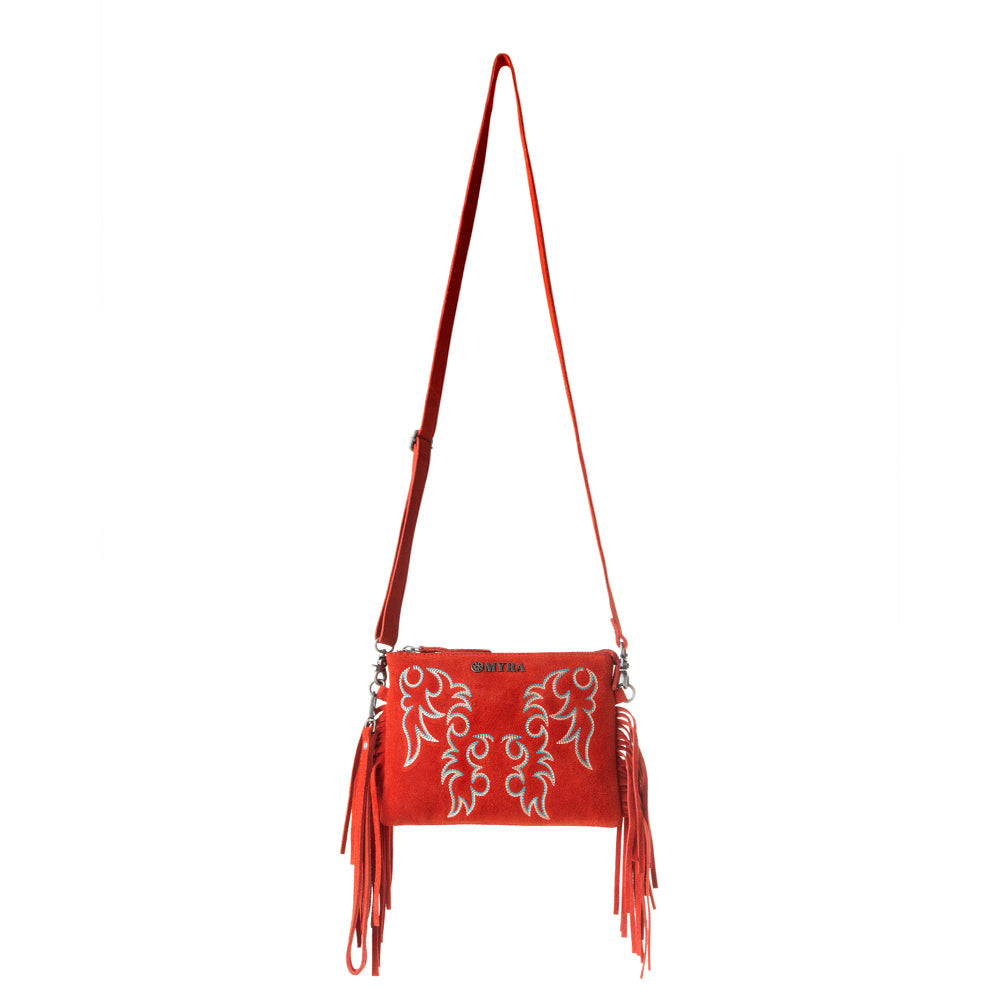Myra Boot Stitch Suede Bag for Women in red with embroidery and fringe detail