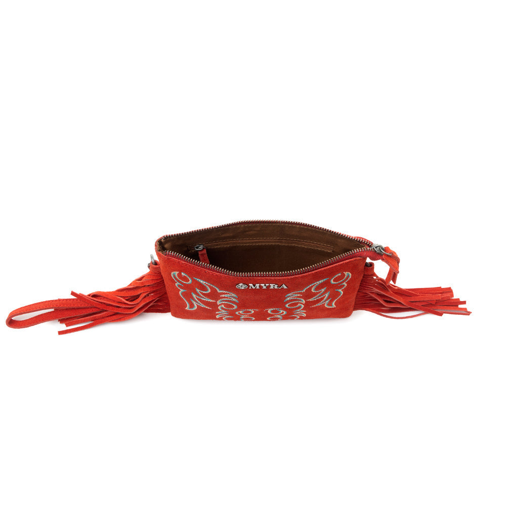 Myra Boot Stitch Suede Bag for Women in red with embroidery and fringe detail