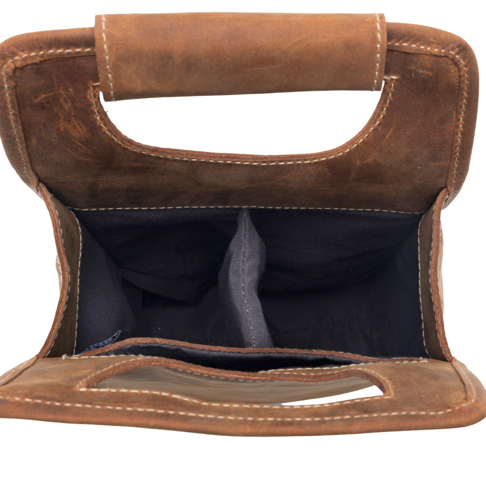 Myra Cypress Field Hairon Leather Wine Bottle Holder in Shadow Cream Chestnut Brown