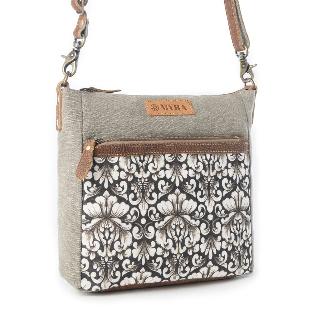 Myra Damask Trail Vintage Crossbody Bag for Women in sage with print detail