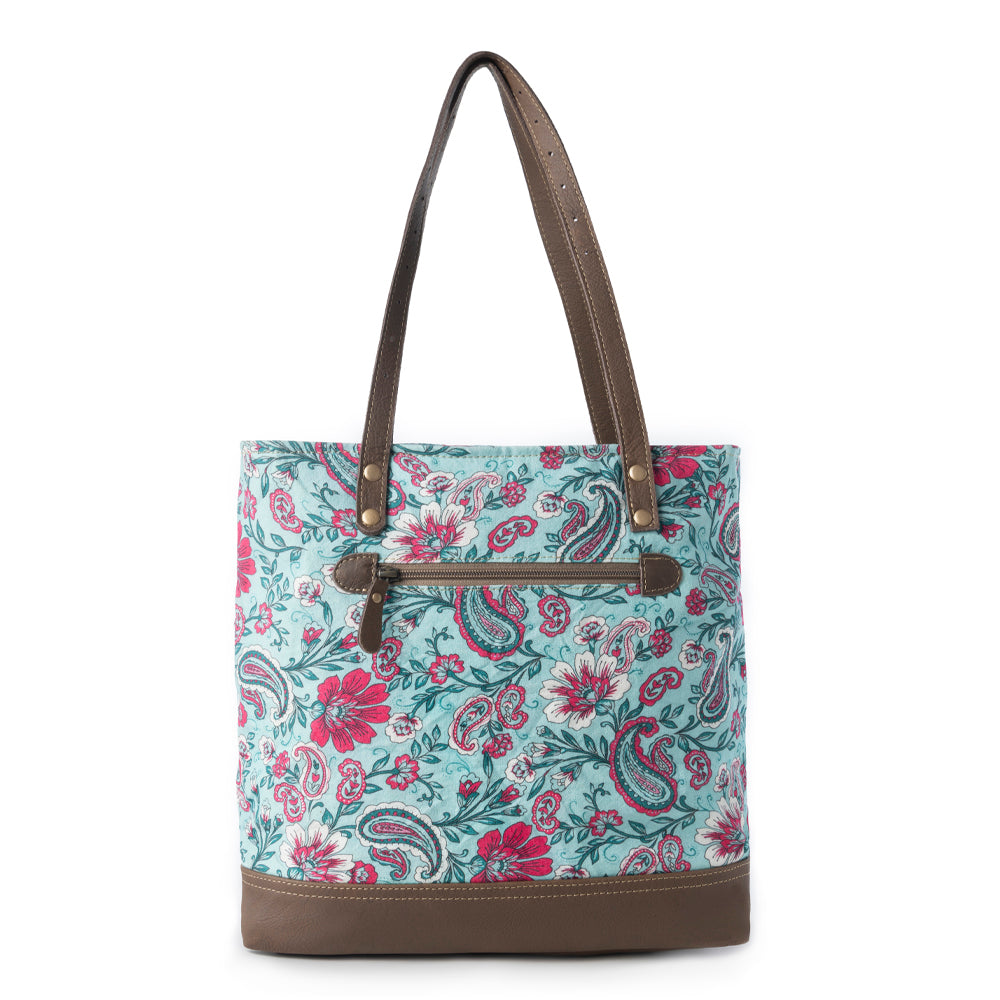 Myra Pinkpaisley upcycled canvas Tote Bag for Women in pink with leather detail