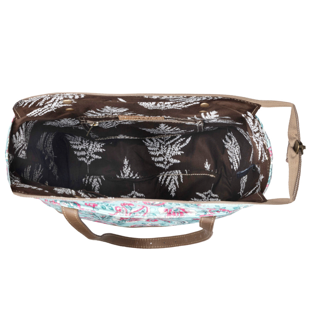 Myra Pinkpaisley upcycled canvas Tote Bag for Women in pink with leather detail