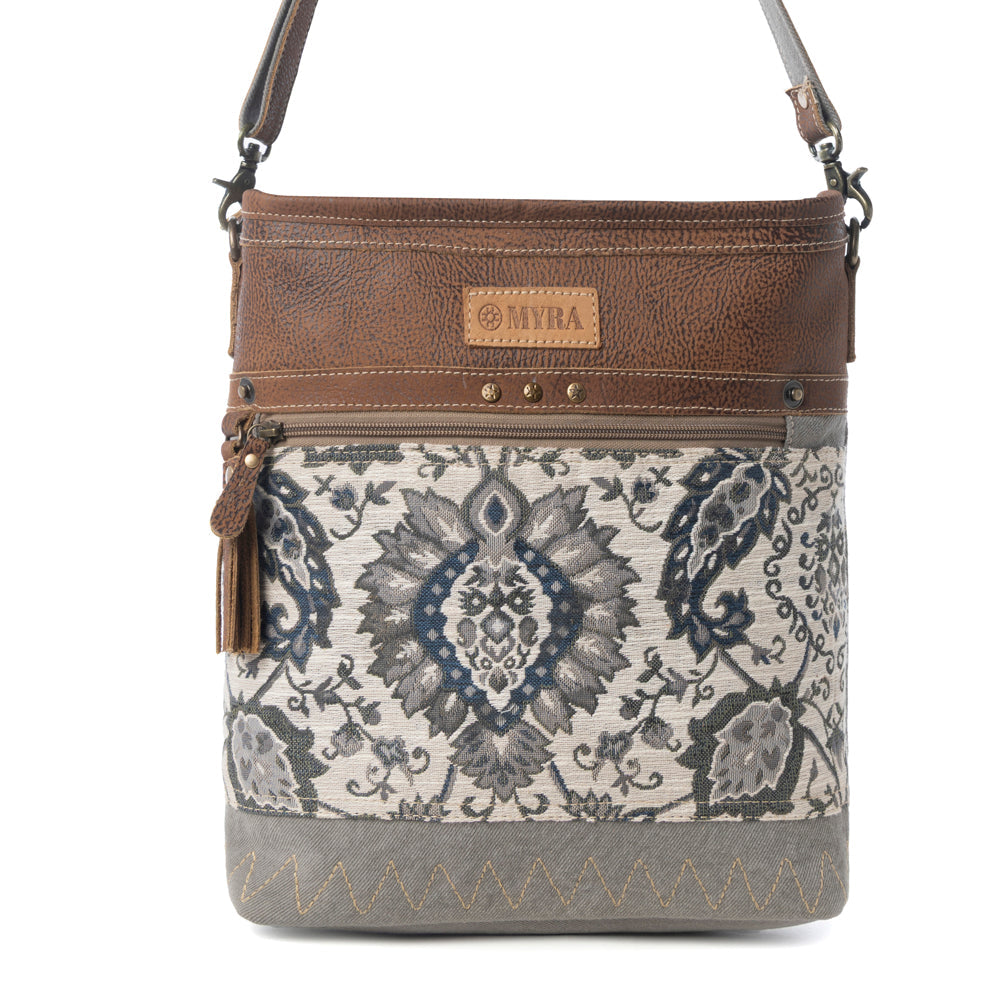 Myra Sagebrook Jacquard upcycled canvas Bag for Women in sage with leather detail