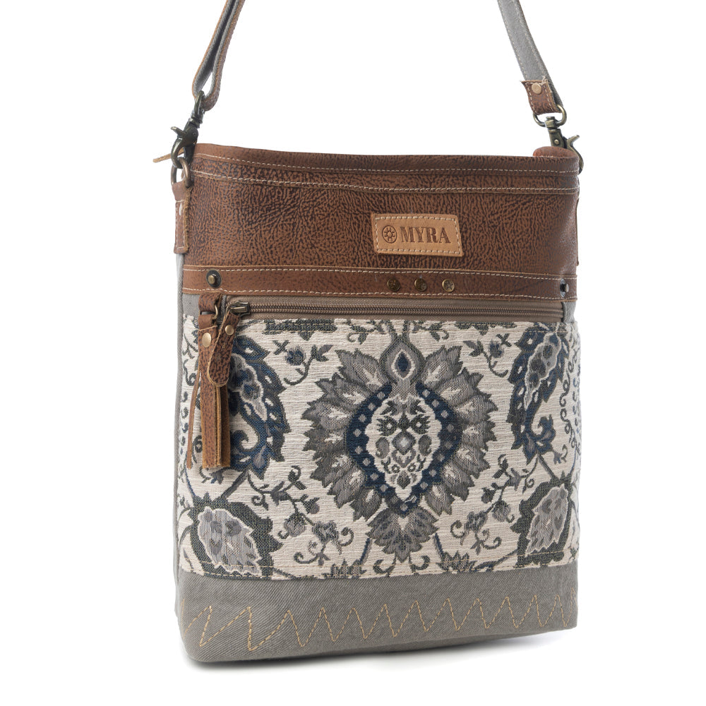 Myra Sagebrook Jacquard upcycled canvas Bag for Women in sage with leather detail
