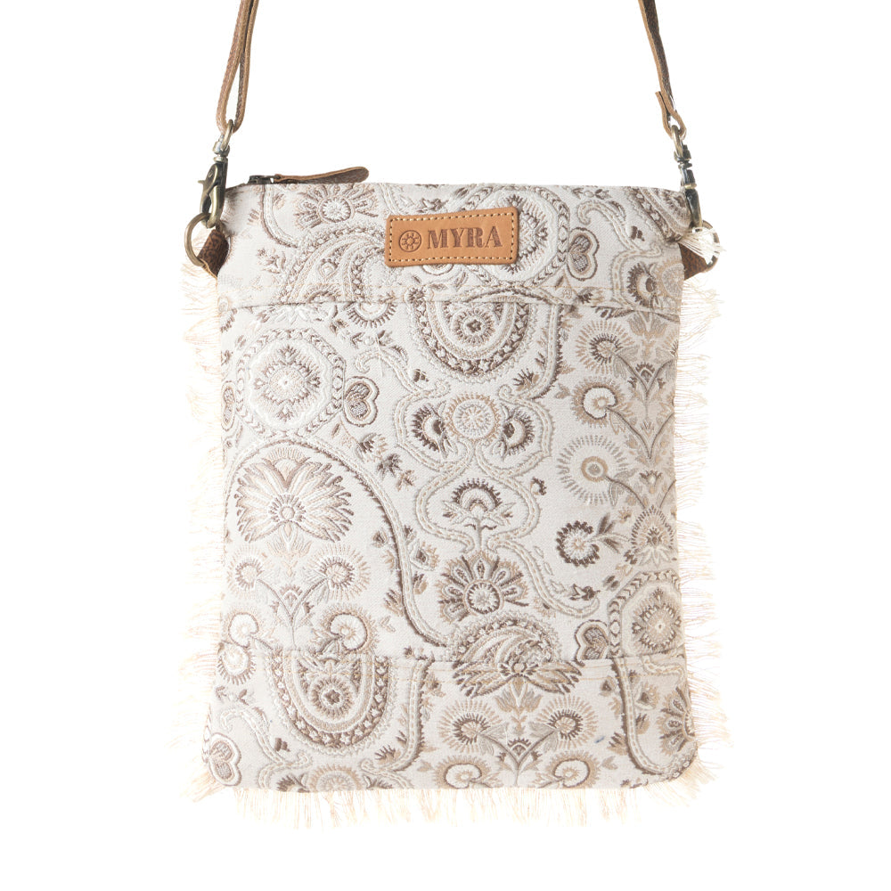 Loom Tapestry upcycled canvas crossbody Bag for Women in sage with fringe detail