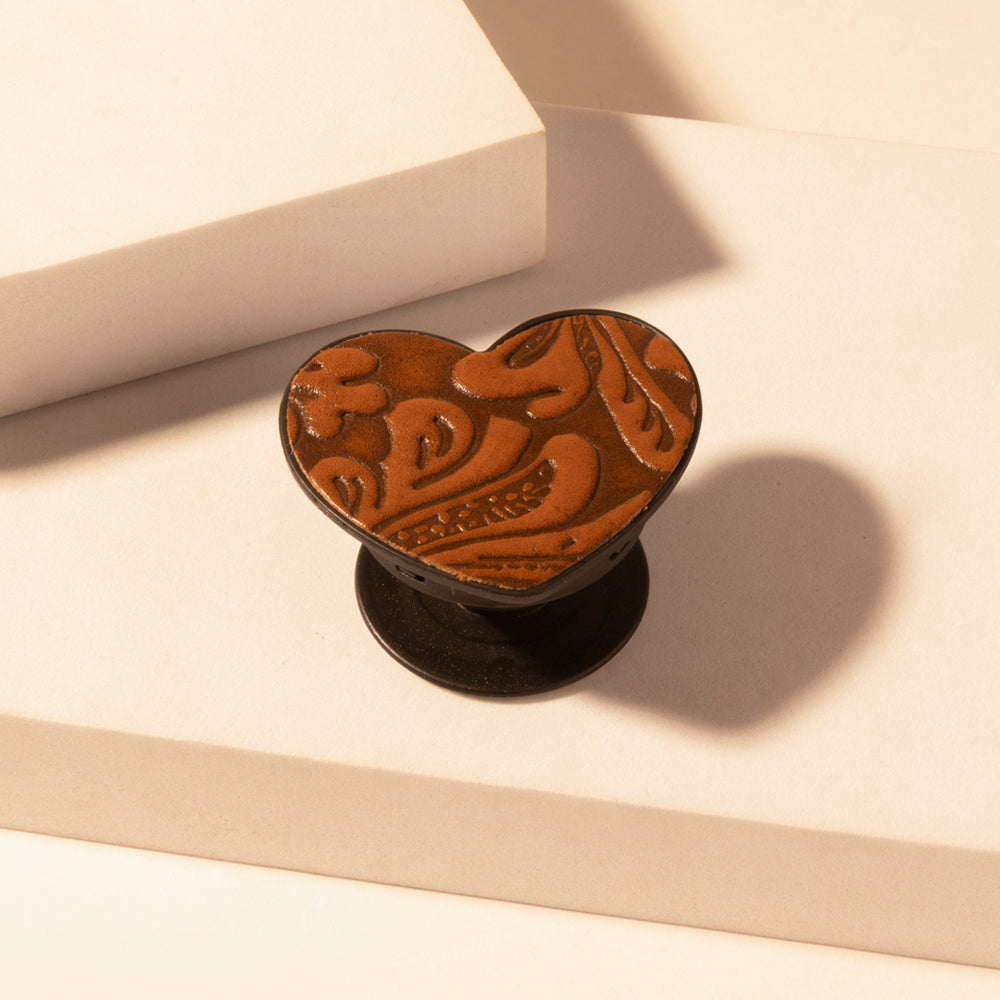 Myra Cowgirl Heart Phone Socket for Women in brown with handtooled detail for everyday use