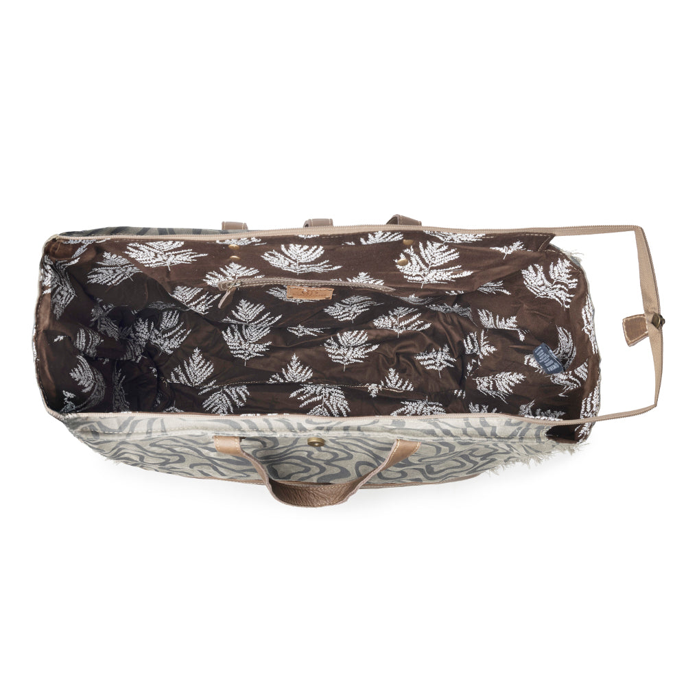Myra Riverbed Trail Weekender Bag for Women in olive with vintage print detail