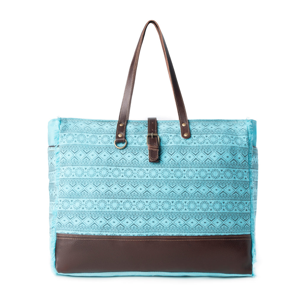 Myra Aztec Sky Western Weekender Bag for Women in turquoise with print detail