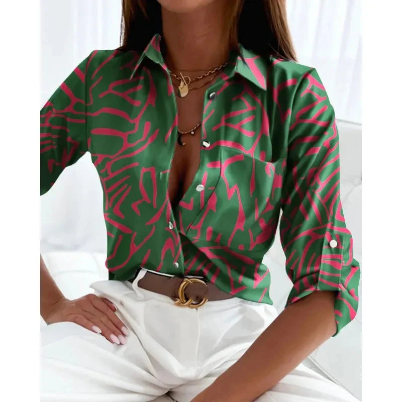 Women’s Printed Long-Sleeve Lapel Shirt | Casual Elegant Blouse