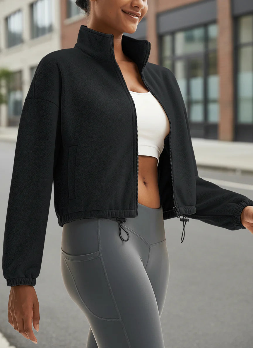 Winter Fleece Cropped Jacket with Stand Collar