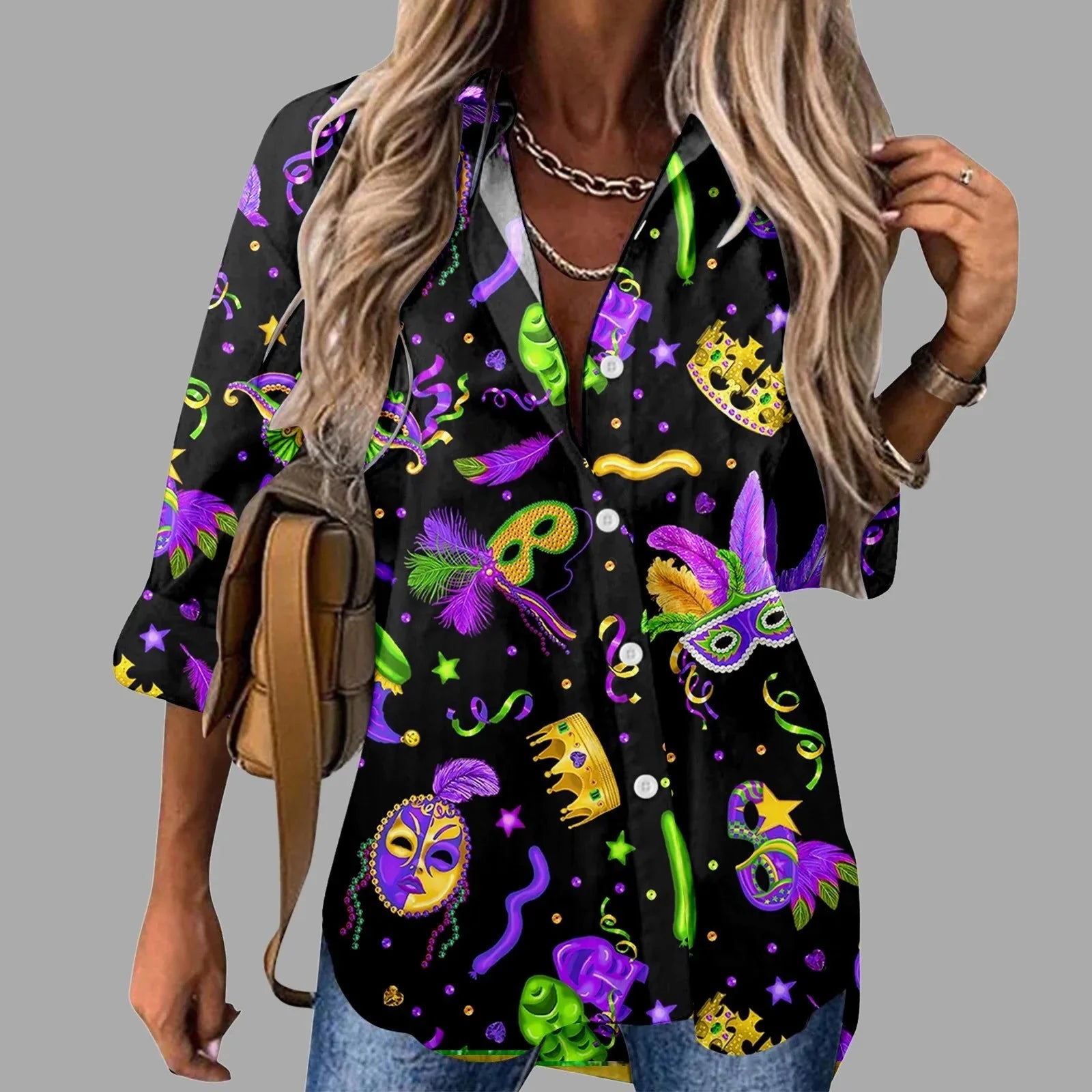 🎭 Mardi Gras Women's V-Neck Long Sleeve Carnival Print Shirt