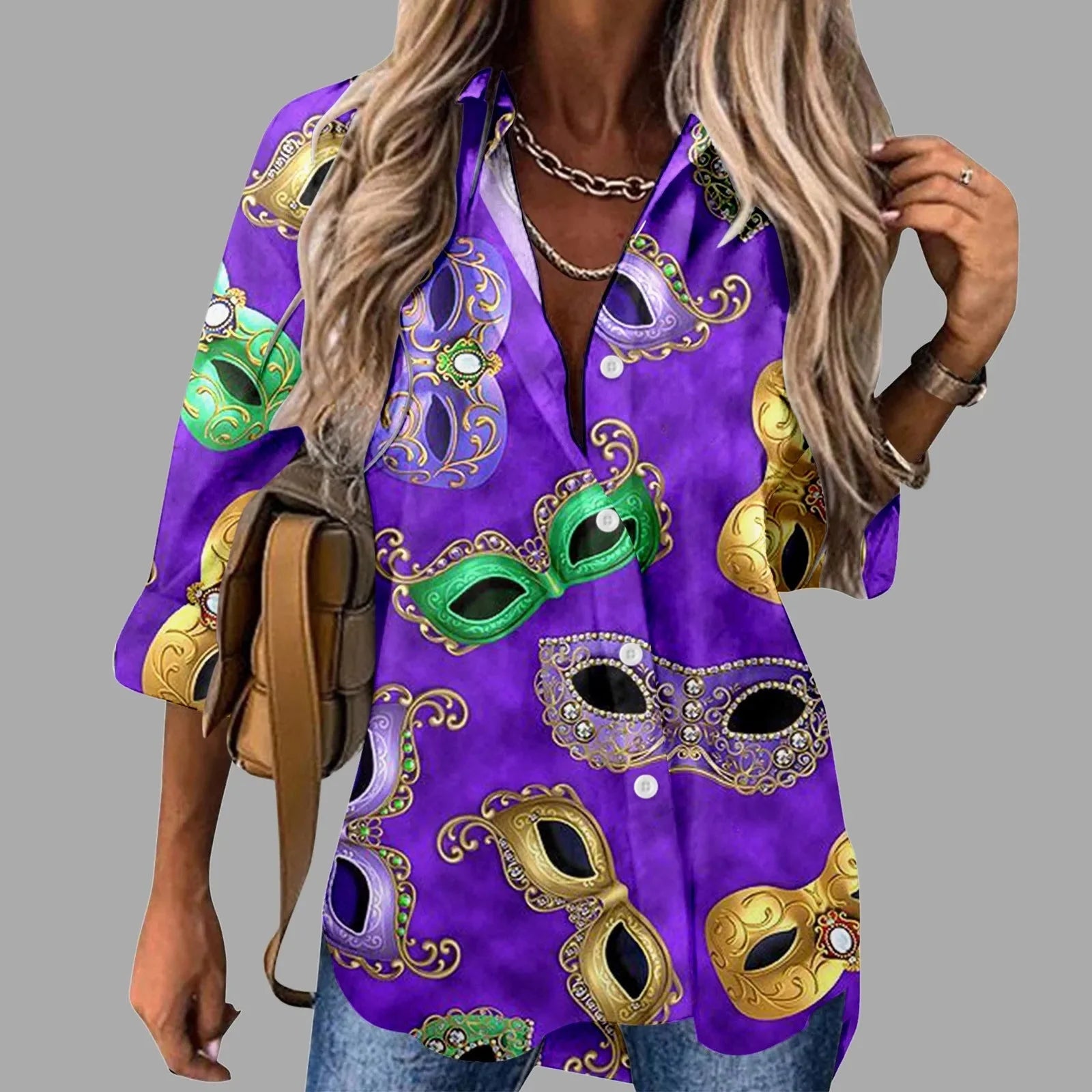 🎭 Mardi Gras Women's V-Neck Long Sleeve Carnival Print Shirt