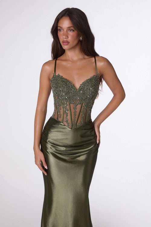 Amoris T819 Sleek Fitted Stretch Satin Sheer Corset Mermaid Gown