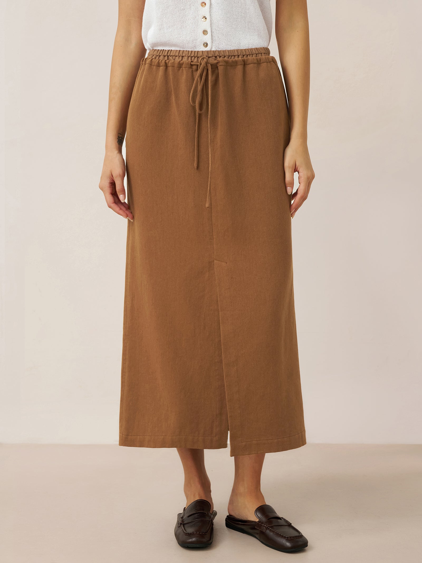 Lyocell Linen Drawstring Split Maxi Skirt SAMANTHA