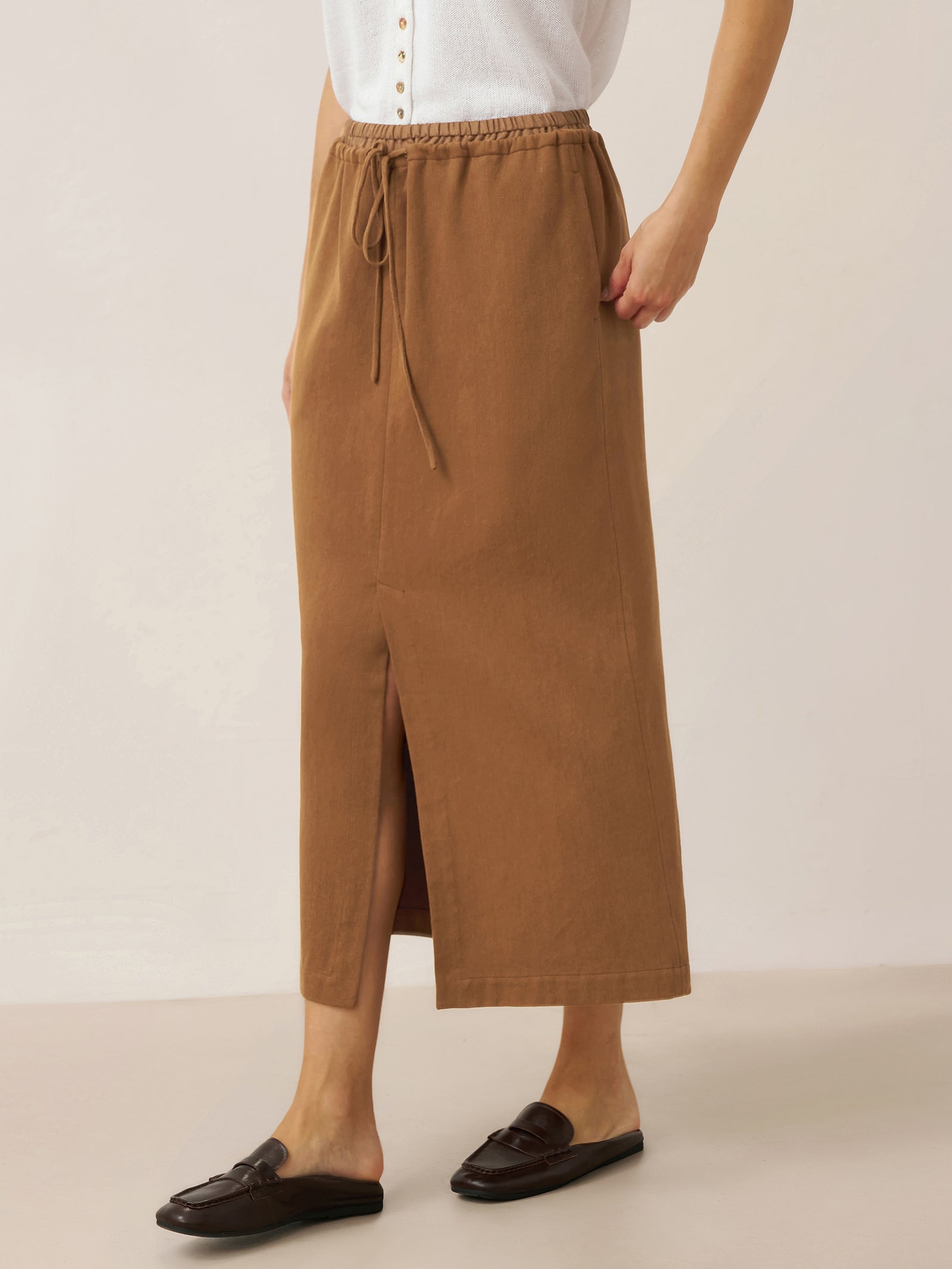 Lyocell Linen Drawstring Split Maxi Skirt SAMANTHA