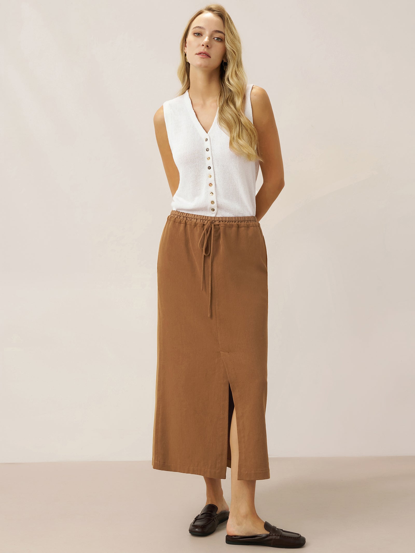 Lyocell Linen Drawstring Split Maxi Skirt SAMANTHA