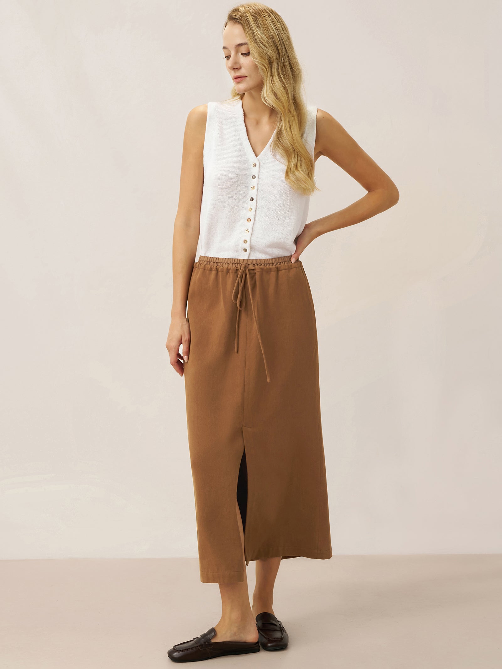 Lyocell Linen Drawstring Split Maxi Skirt SAMANTHA