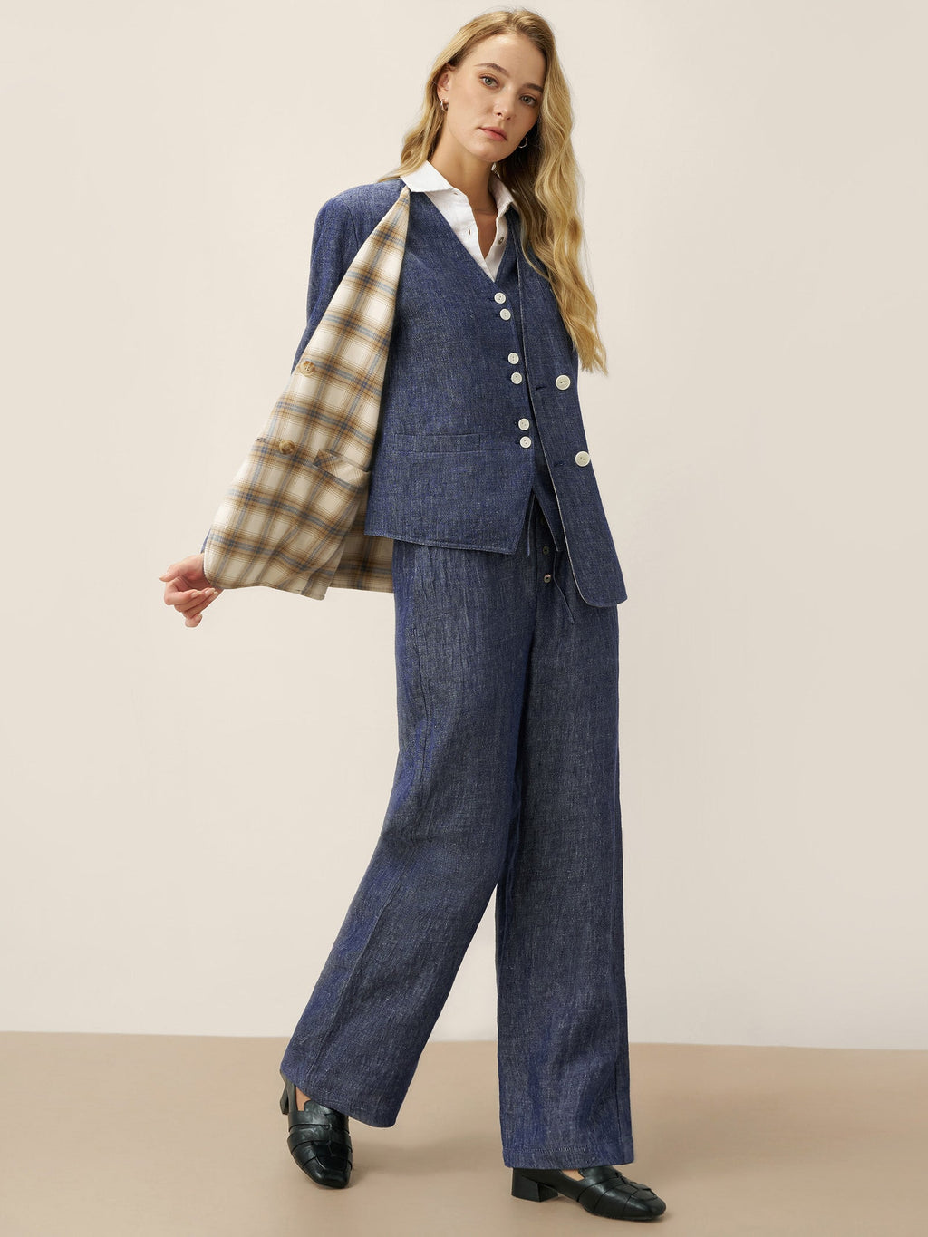Tencel Linen Reversible Denim Texture V Neck Jacket ELLIE