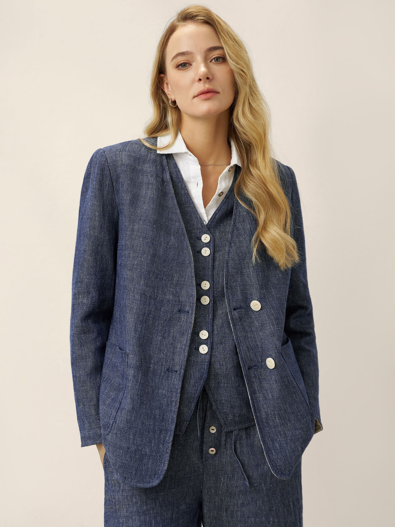 Tencel Linen Reversible Denim Texture V Neck Jacket ELLIE