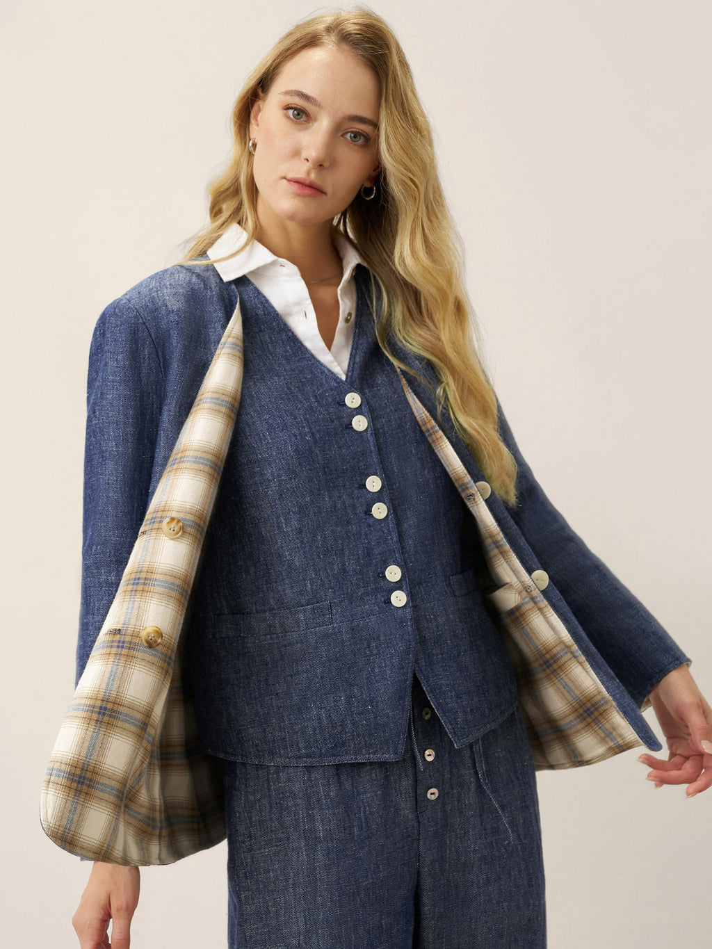 Tencel Linen Reversible Denim Texture V Neck Jacket ELLIE